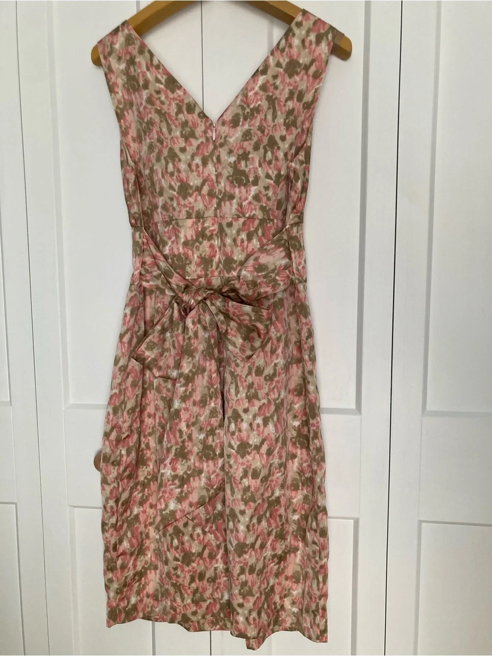 Talbots Pink and Taupe Floral V Neck Sleeveless Dress with Bow